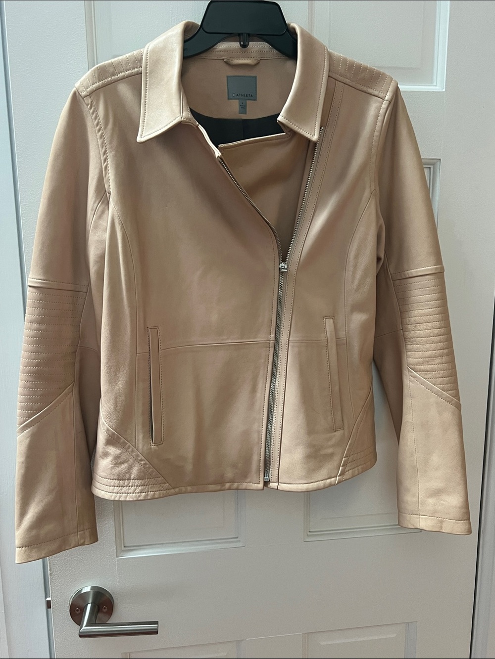 Athleta Tan Leather Asymmetrical Moto Jacket
